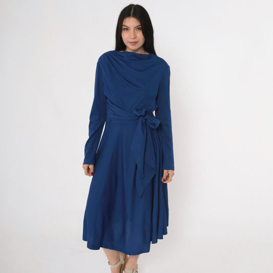 70s Royal Blue Dress Draped Boat Neck Tie Waist Midi A-Line Long Sleeve Large