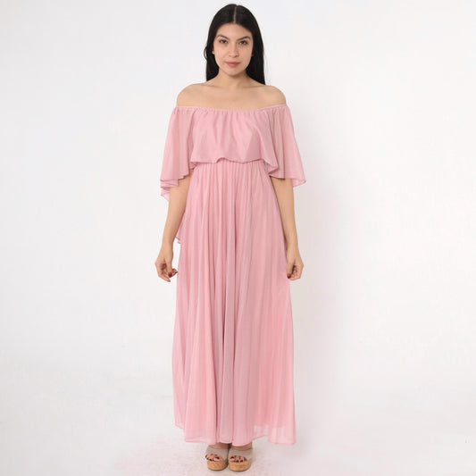 70s Pink Grecian Maxi Dress Capelet Flutter Sleeve High Waist Extra Small