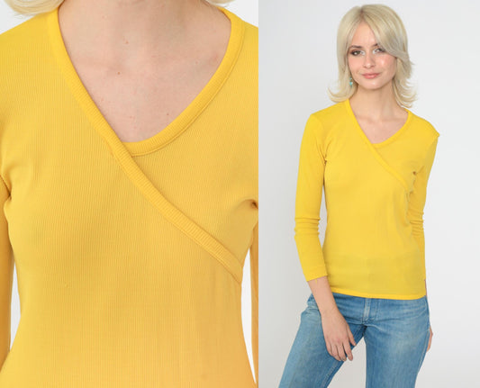 70s Yellow Ribbed Nylon Blouse Asymmetrical Faux Wrap V-Neck Long Sleeve XS