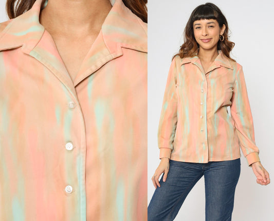 70s Jeanne Durell Abstract Print Button-Up Blouse Peach Aqua Large L
