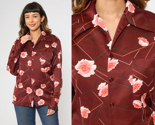 70s Triumph of California Floral Geometric Striped Button Up Shirt Maroon Medium
