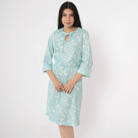 70s Lady Blair Aqua Swirl Print Shift Dress Keyhole Tie Neck Medium