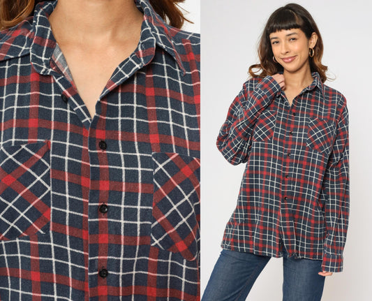 90s Saugatuck Drygoods Plaid Flannel Shirt Red Blue Cotton Button Up Extra Large