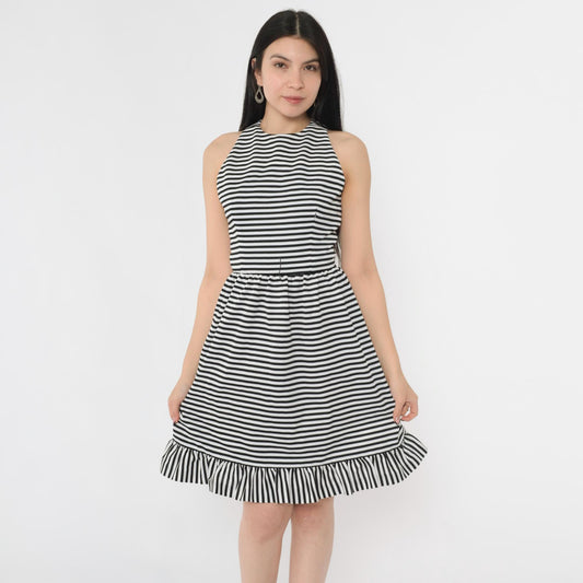 70s Joan Leslie Black White Striped Fit Flare Dress Criss-Cross Back Extra Small
