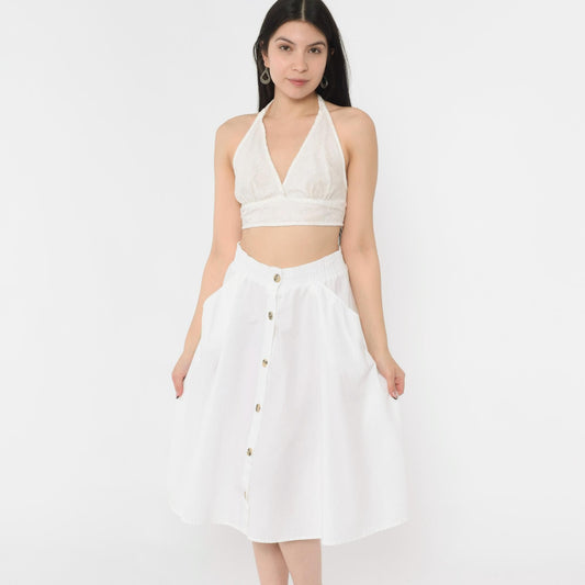 80s West Park White Button-Up Midi Skirt High Waist A-Line Pockets Small
