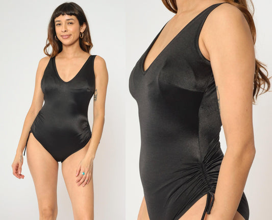 80s Montgomery Ward Black Nylon One-Piece Swimsuit Deep V Ruched Medium Large