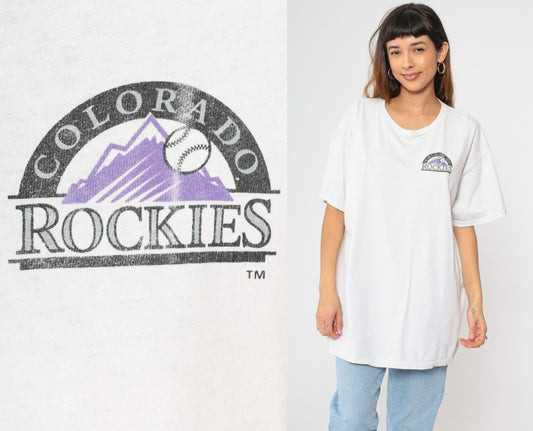 00s Colorado Rockies MLB Graphic T-Shirt White Cotton Crewneck Extra Large XL