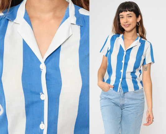 80s Blue & White Striped Button Up Shirt Short Sleeve Blouse Small