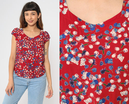 Y2K Red Floral Blouse Lace Trim Puff Sleeve Scoop Neck Extra Small