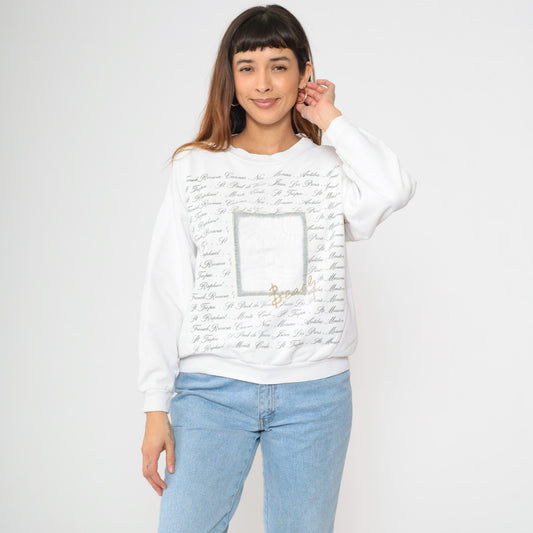 90s French Riviera Sweatshirt White Palm Tree Beach Print Crewneck Large L