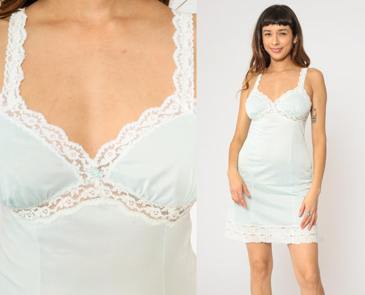 70s Olga Pastel Blue Lace Slip Dress Empire Waist Mini Small