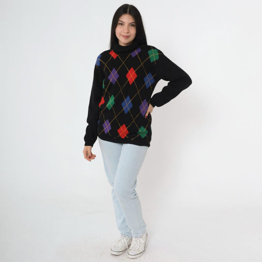 80s Wheeler & Martha Wool Argyle Sweater Black Mock Neck Medium