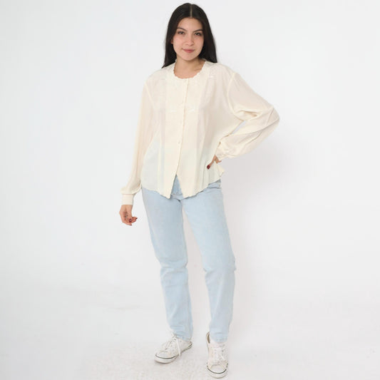 90s Mikado Ivory Embroidered Blouse Bird Motif Scalloped Long Sleeve Large L