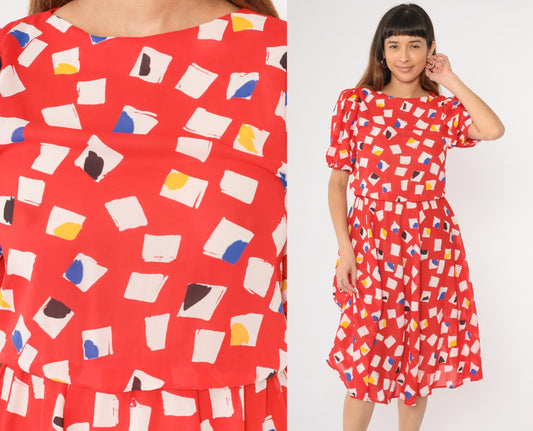 80s L Rothschild Red Abstract Geometric Midi Dress Puff Sleeve Medium
