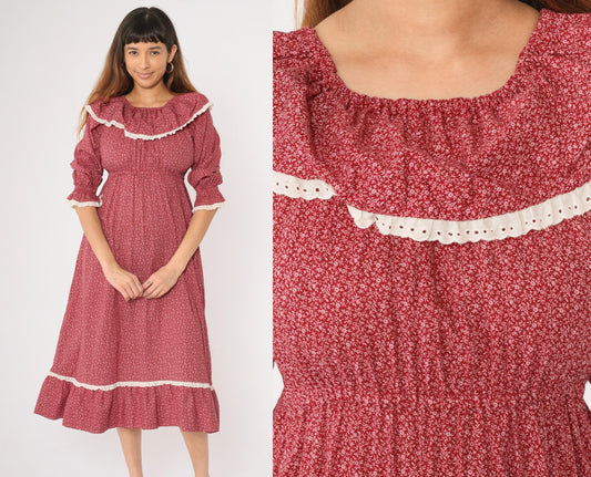 70s Burgundy Calico Floral Peasant Dress Empire Waist Midi Lace Small