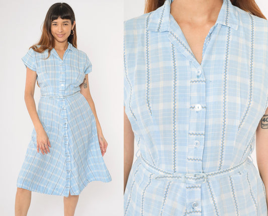 60s Brentwood Frocks Light Blue Plaid Shirtdress High Waist Button Front Small
