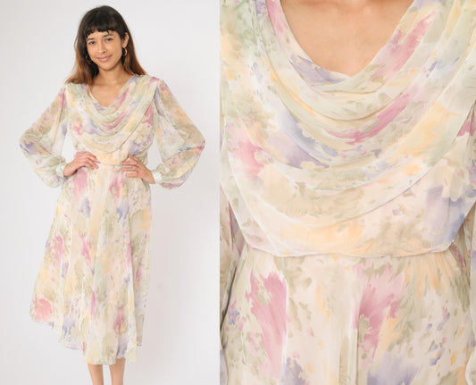 80s Ursula Pastel Watercolor Floral Chiffon Midi Dress Cowl Neck Medium