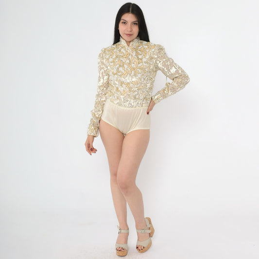 80s Metallic Velvet Burnout Bodysuit Ivory Gold Mandarin Collar Long Sleeve Extra Small