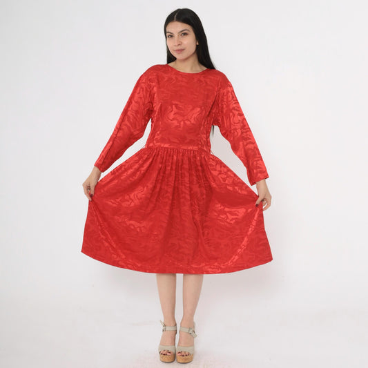 80s Apostrophe Red Jacquard Midi Dress Scoop Back Long Sleeve Medium M