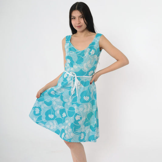 70s Andrade Hawaiian Floral Wrap Sundress Blue White A-Line Small