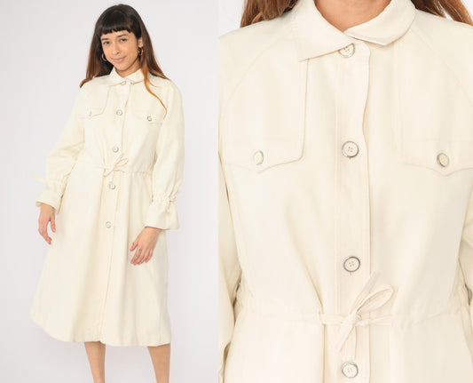 70s Cream Trench Coat Drawstring Waist Pointed Collar Button Front Medium