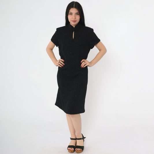 90s Black Glitter Cheongsam Midi Dress Keyhole Neck Short Sleeve Large