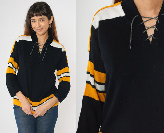 70s Franklin Hockey Jersey Sweater Black Gold Striped Lace-Up Large L