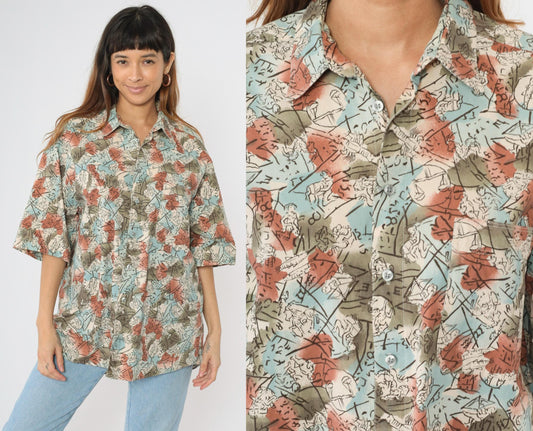 90s Dockers Zodiac Print Button Up Shirt Olive Green Blue Cotton Large L