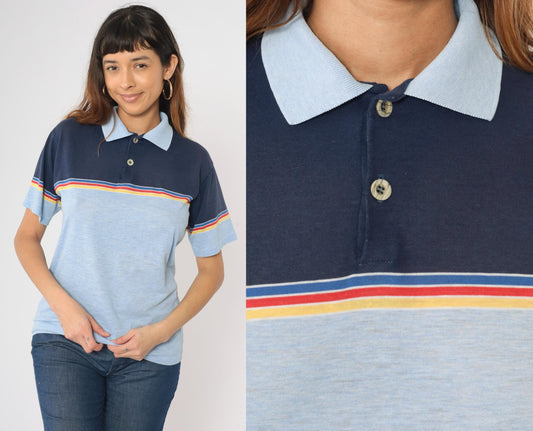 80s Campusport Polo Shirt Baby Blue Navy Colour Block Striped Medium