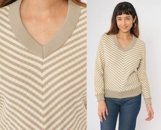 70s Tan Chevron Striped V-Neck Sweater Wool Blend Knit Small Medium