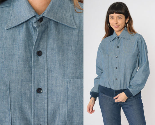 70s H.I.S Chambray Work Jacket Blue Button Up Utility Shirt Medium
