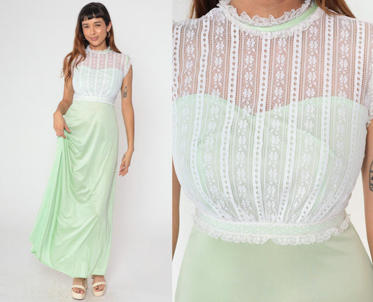 70s Pastel Green Maxi Gown White Lace High Neck Cap Sleeve Extra Small