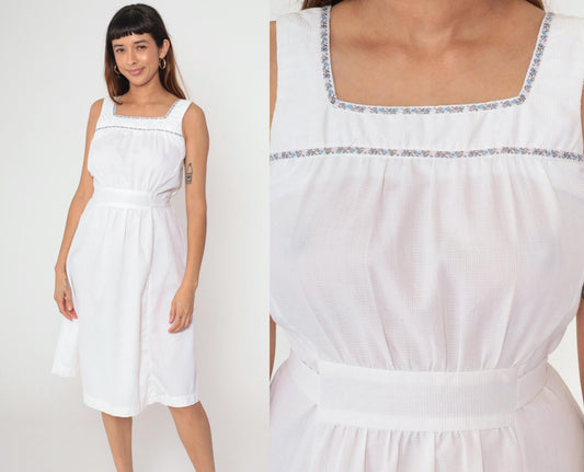 70s White Floral Embroidered Midi Dress Sleeveless High Waist Tie Belt Small
