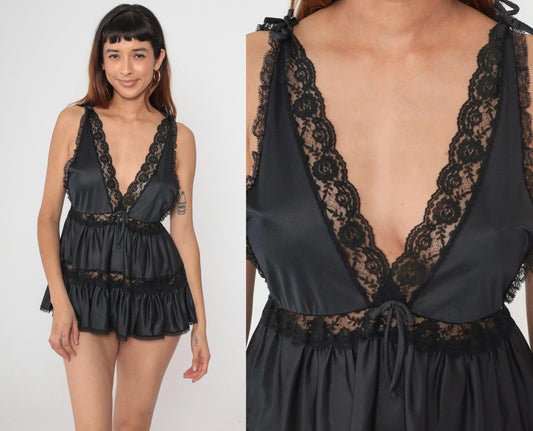90s Jillie Black Lace Babydoll Nightgown Deep V Tie Front Small S