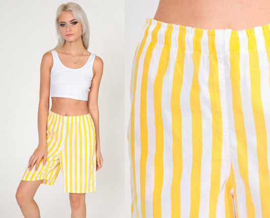 90s Sportego Striped Bermuda Shorts Yellow White Elastic Waist Small