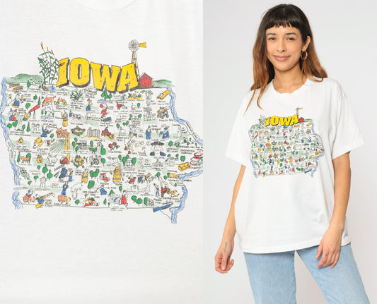 90s Iowa State Map Graphic T-Shirt White Crewneck Extra Large XL