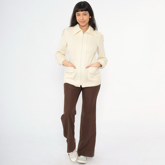 70s Cream Knit Zip Jacket Epaulettes Pointed Collar Small S