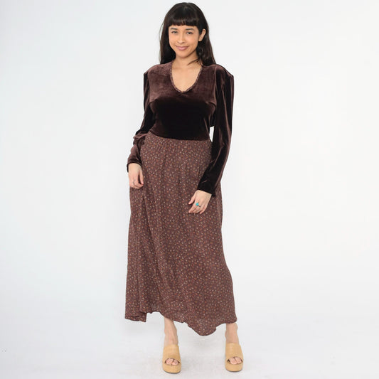 90s Zoe California Floral Velvet Maxi Dress Brown Scoop Neck High Waist Extra Large