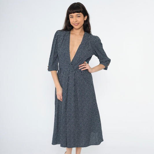 80s Navy Polka Dot Midi Dress Deep V Neck Puff Sleeve Pleated Small