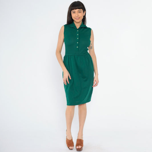 70s Dark Green Ribbed Knit Button-Up Dress Sleeveless Knee-Length Small Medium