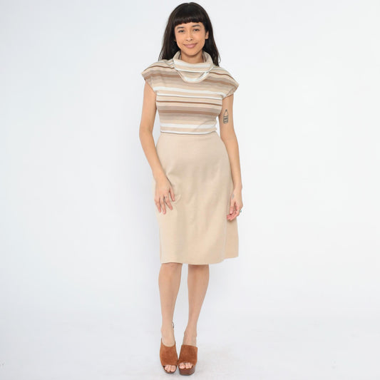 70s Tan Stripe Knit Dress Cowl Neck Cap Sleeve High Waist A-Line Small