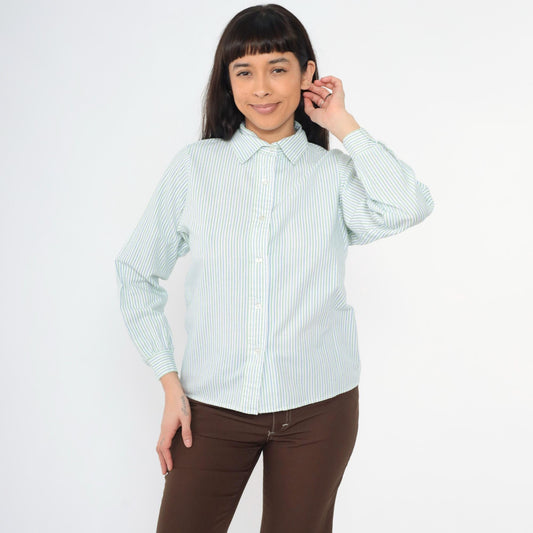 80s Girl Scouts Striped Button-Up Blouse White Blue Green Long Sleeve Small