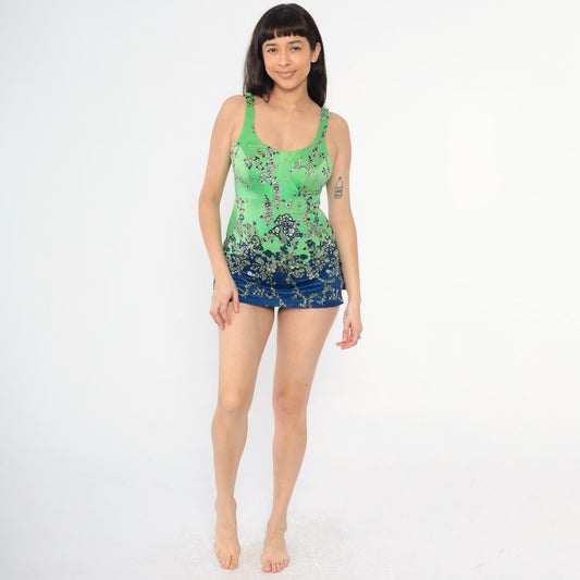 70s Psychedelic Floral One-Piece Swimsuit Blue Green Skirted Scoop Back Small Medium