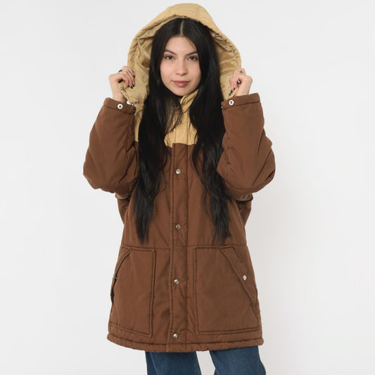 80s Western Puffer Jacket Two Tone Brown Tan Hooded Ski Coat Men's Large L