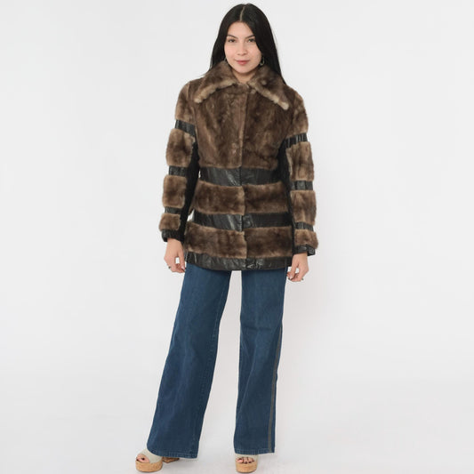 1970s Brown Leather Fur Patchwork Striped Mid-Length Jacket Small S