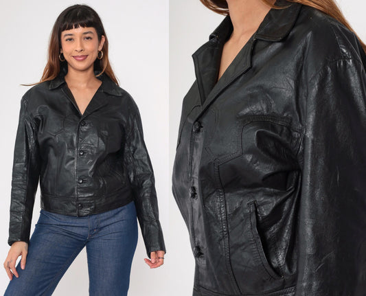 80s Black Leather Motorcycle Jacket Western Yoke Button Front Medium