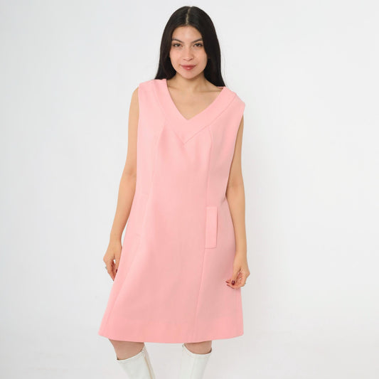 60s Mod Shift Dress Pink Ribbed Knit Sleeveless Mini Medium M