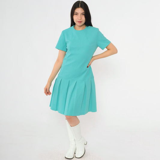 60s Mod Mini Dress Drop Waist Pleated Skirt Turquoise Polyester Small