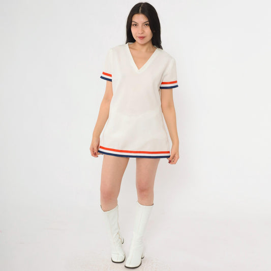 60s Mod Striped Shift Dress White Blue Orange V-Neck Short Sleeve Medium M