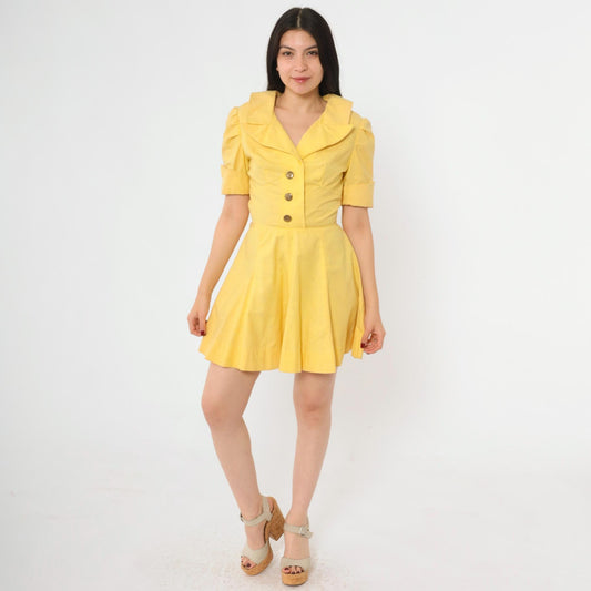 60s Yellow Mod Mini Dress Puff Sleeve Button-Up Collared A-Line Small